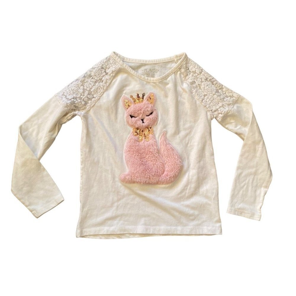 Purrfect kitty fur princess applique raglan lace sleeves white tee Girls‎ 5/6
